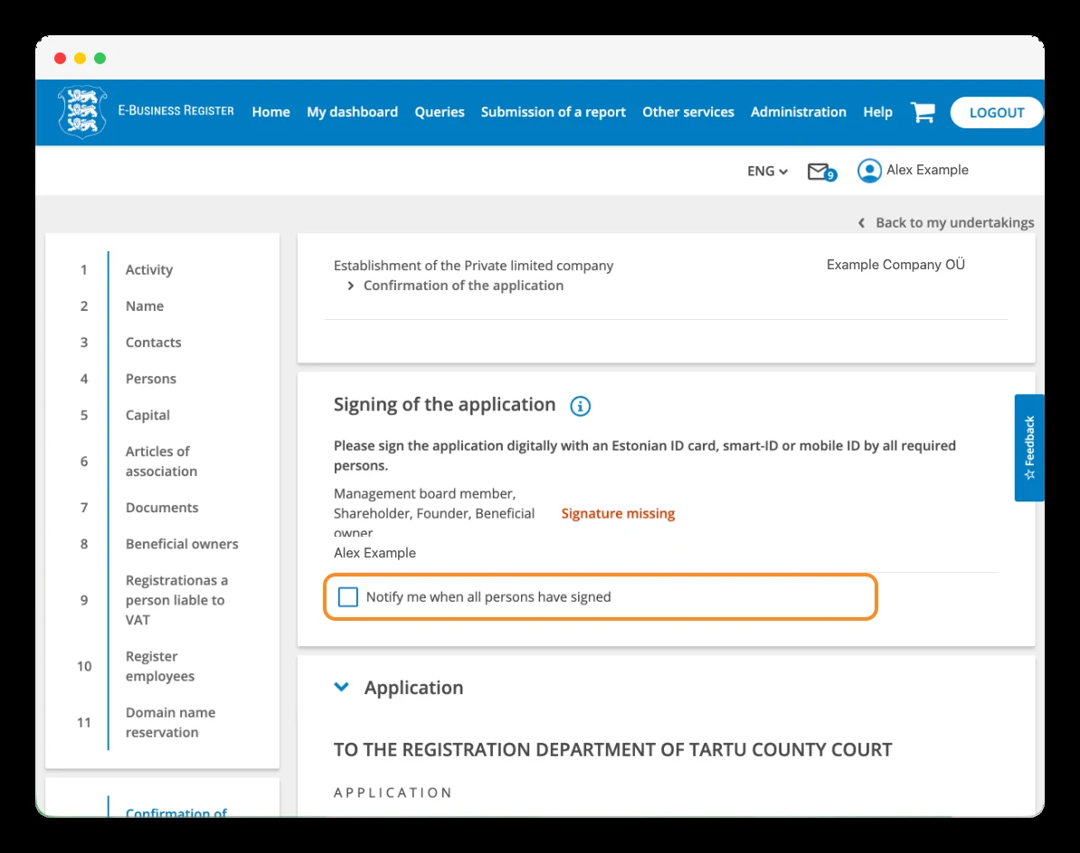 Review of the application before the digital signature.