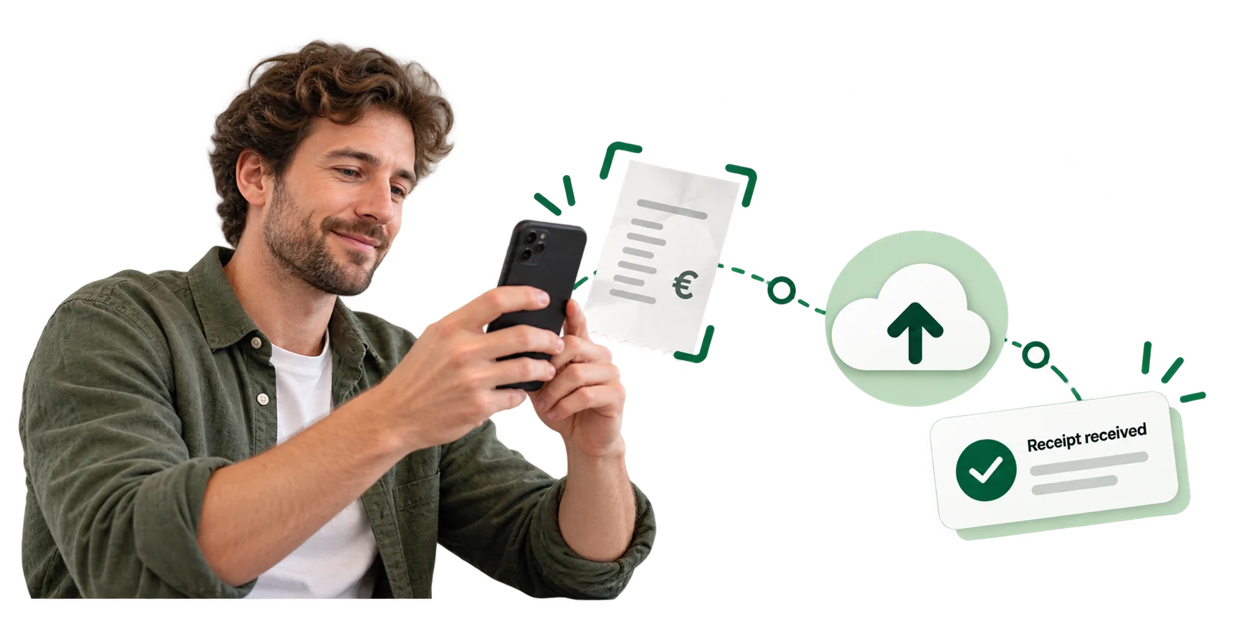 Entrepreneur scanning a receipt with a smartphone for WorksForYou's Estonian accounting service.