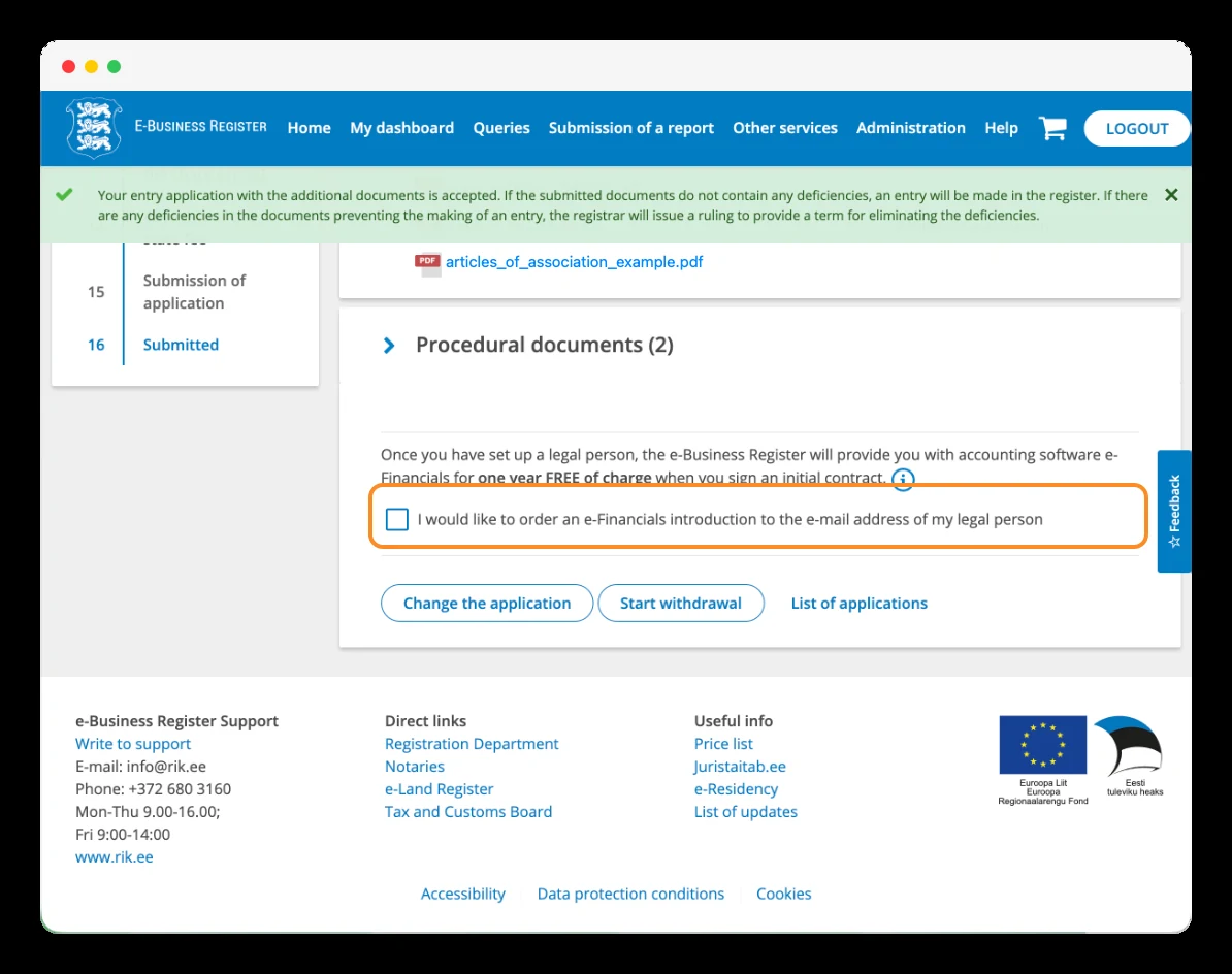 Voluntary e-Financials option after submitting the application.