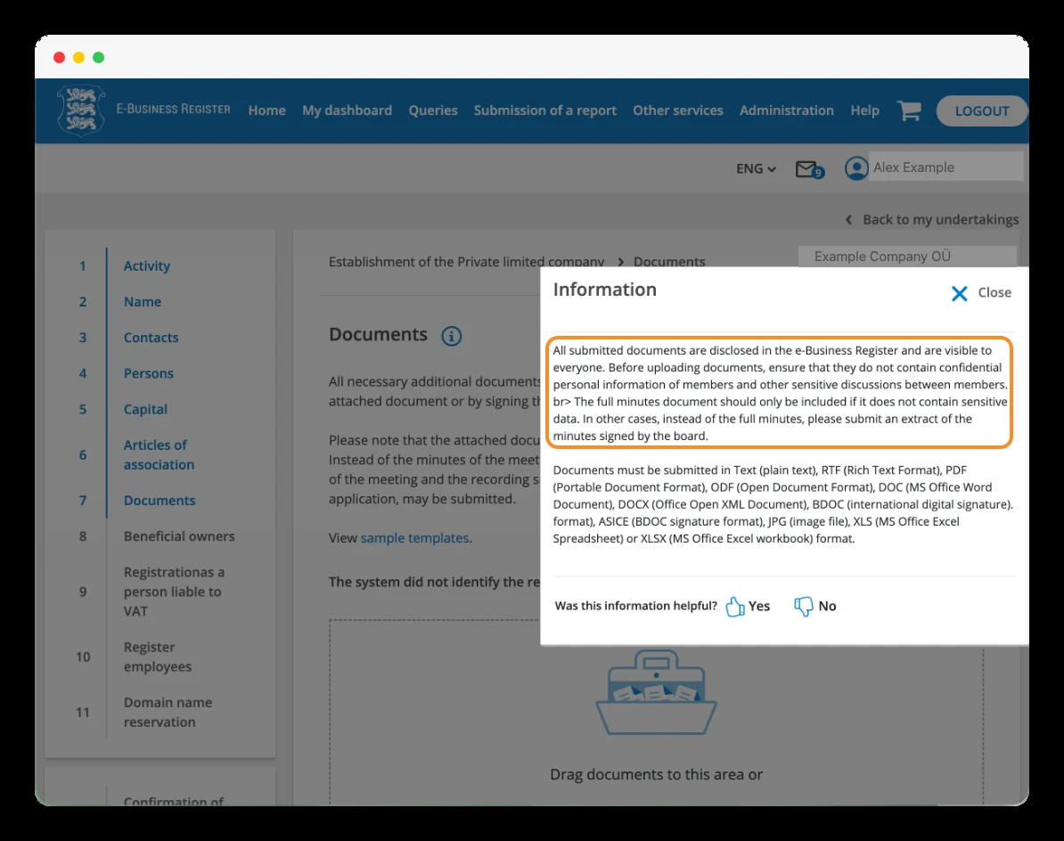 Documents section with the warning about the publicity of submitted documents.