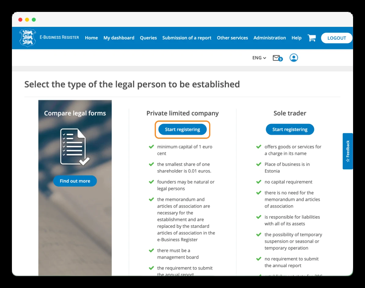 Selecting Private limited company in the e-Business Register with the session logged in.