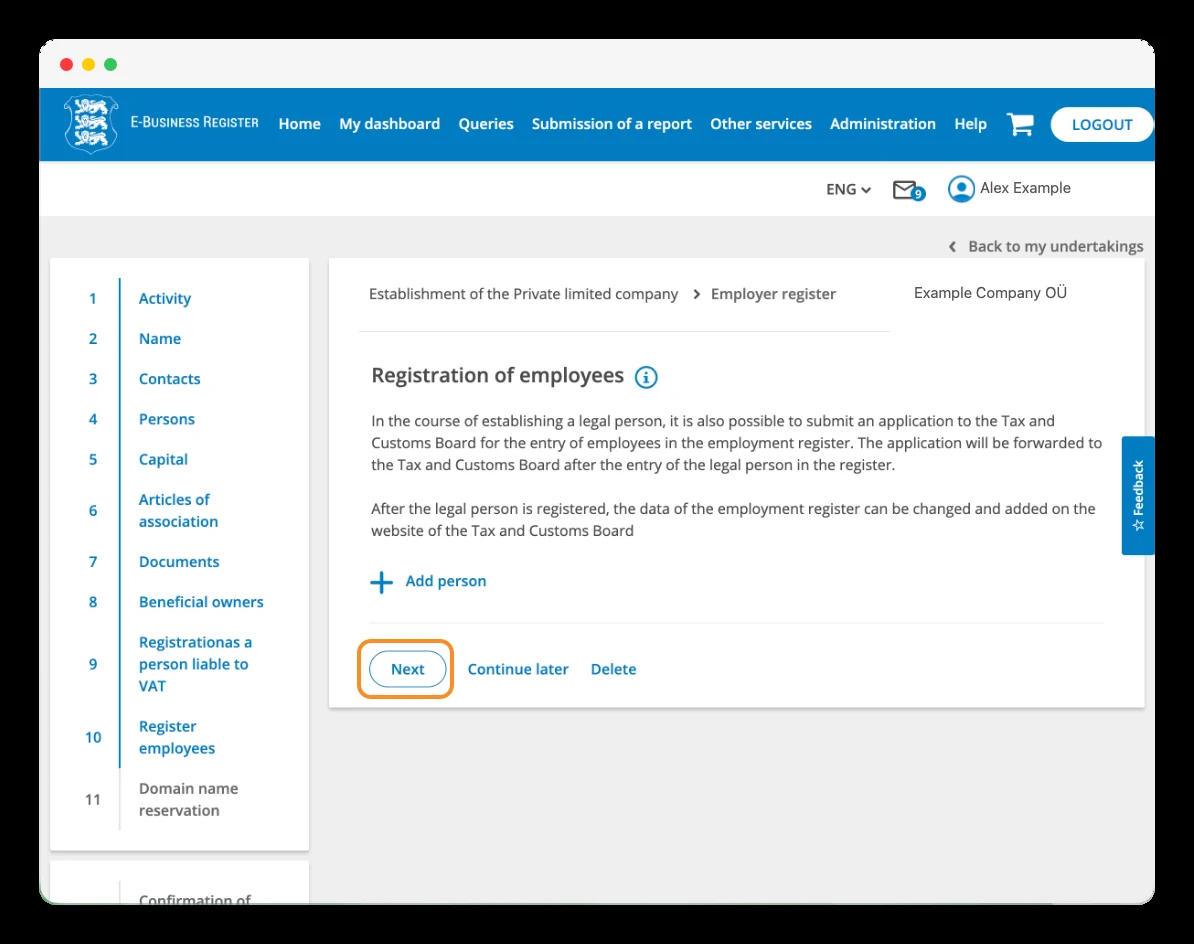 Employee registration in the Estonian e-Business Register.