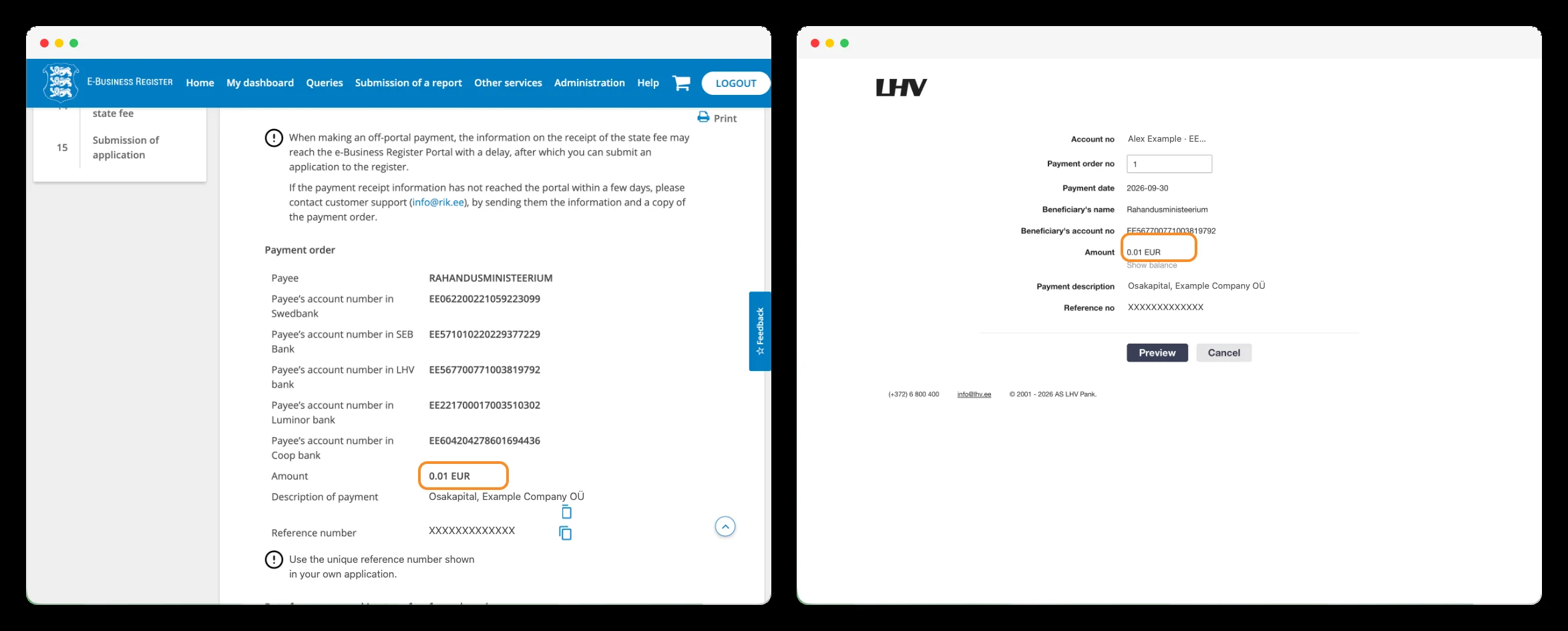 Payment order for the 0.01 EUR share capital contribution.
