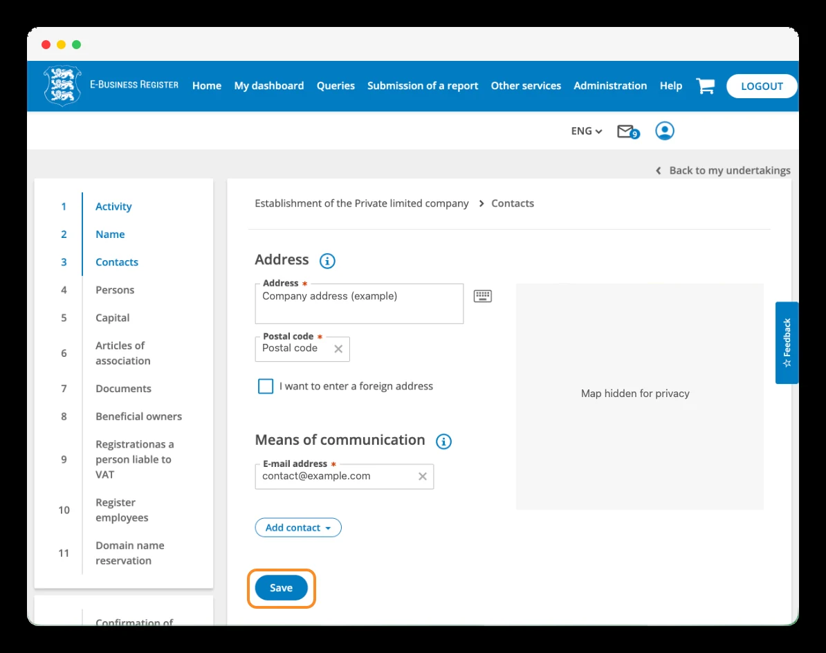 Contacts section for the company's official address and email.
