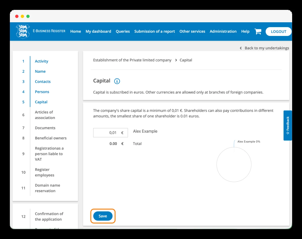 Capital contribution section of the Estonian e-Business Register during OÜ registration.