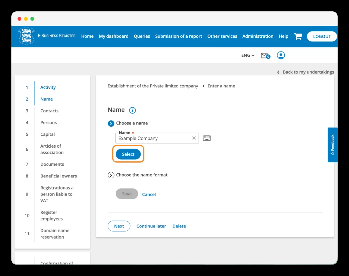 Field for entering the company name in the e-Business Register.