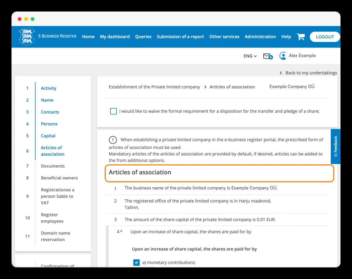 Articles of association clauses in the register portal.
