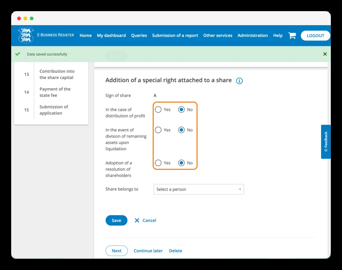 Configuration of shares with special rights in the OÜ.