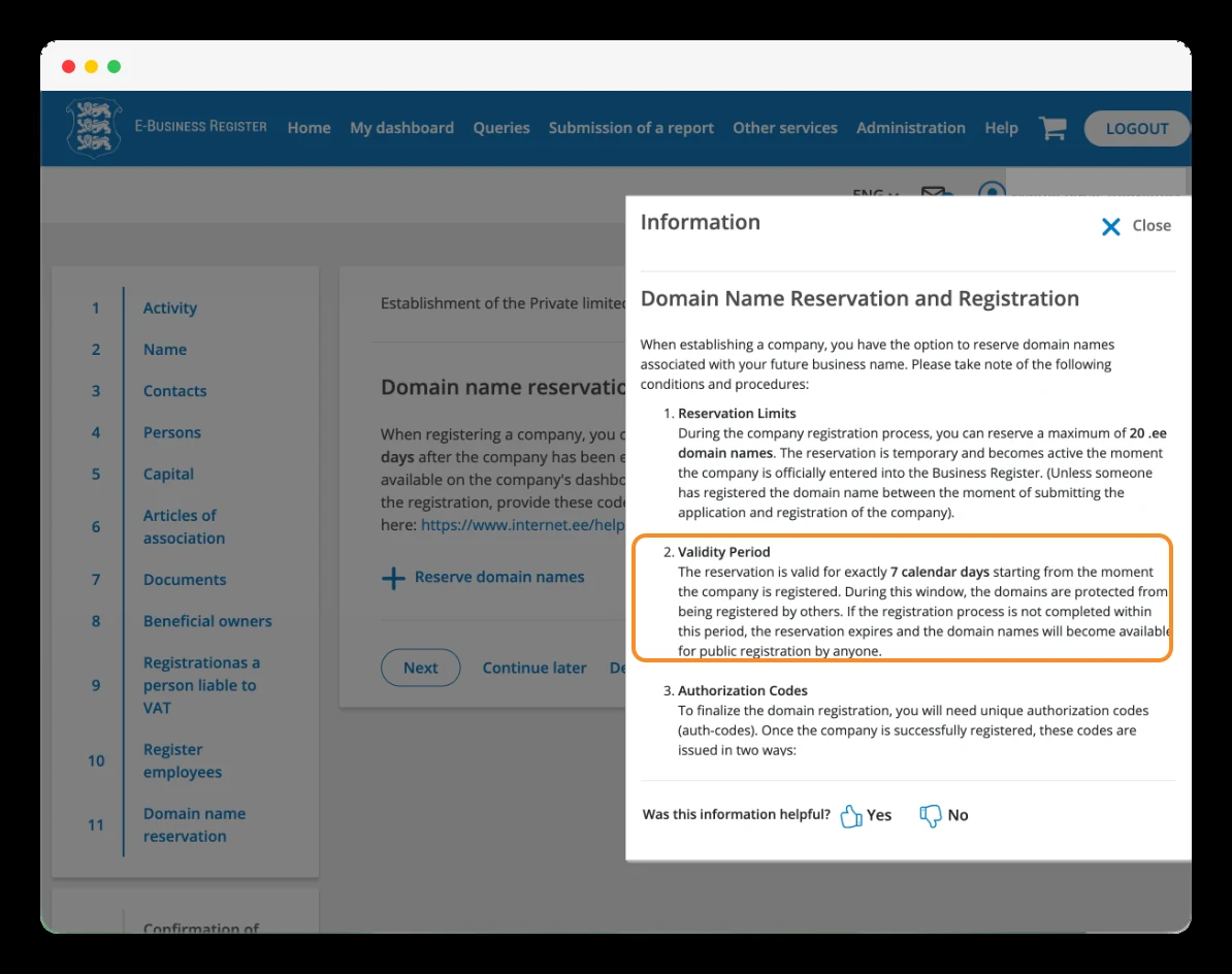 Reservation of .ee domains during company incorporation.