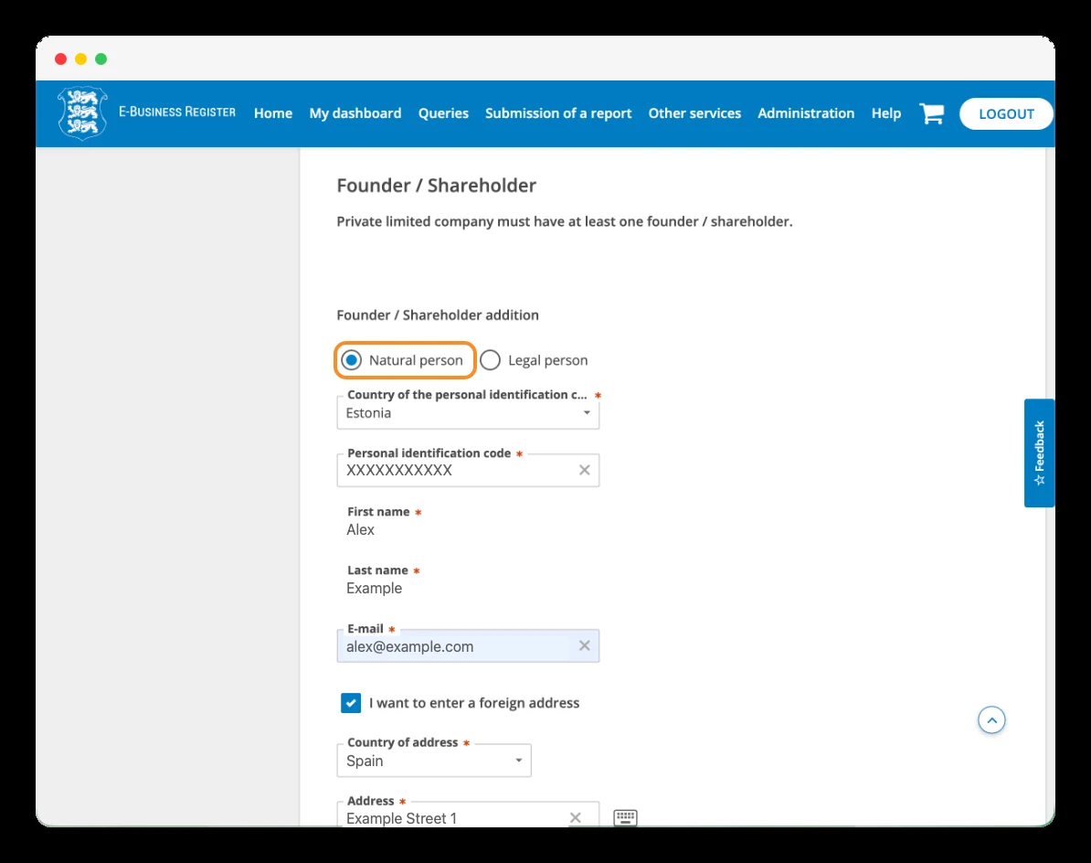 Form for adding the founder or shareholder of the Estonian company.