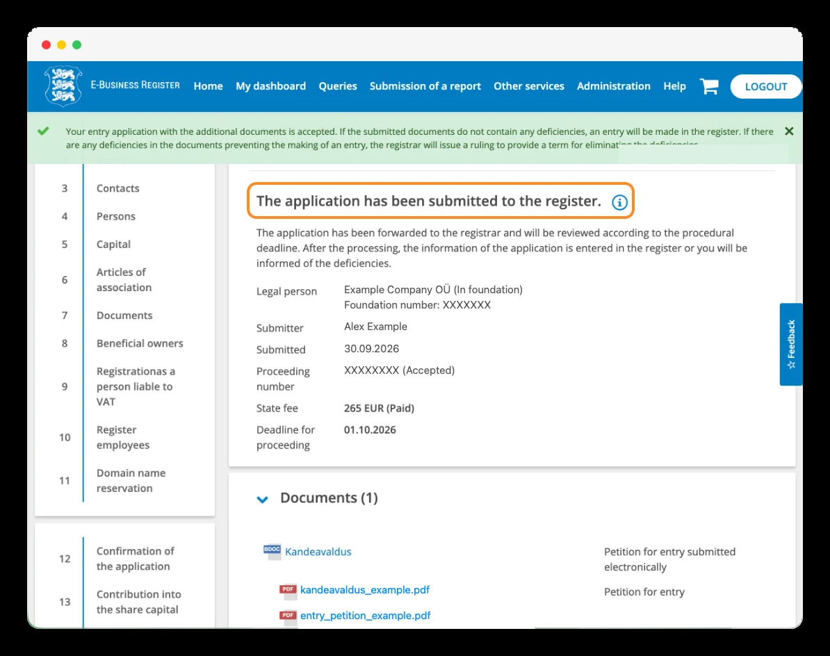 Confirmation of the application submitted to the register with the fee paid.