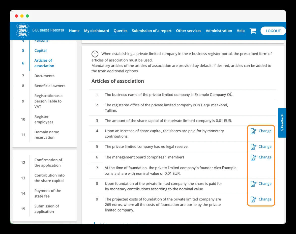 Summary of the articles of association generated by the e-Business Register.