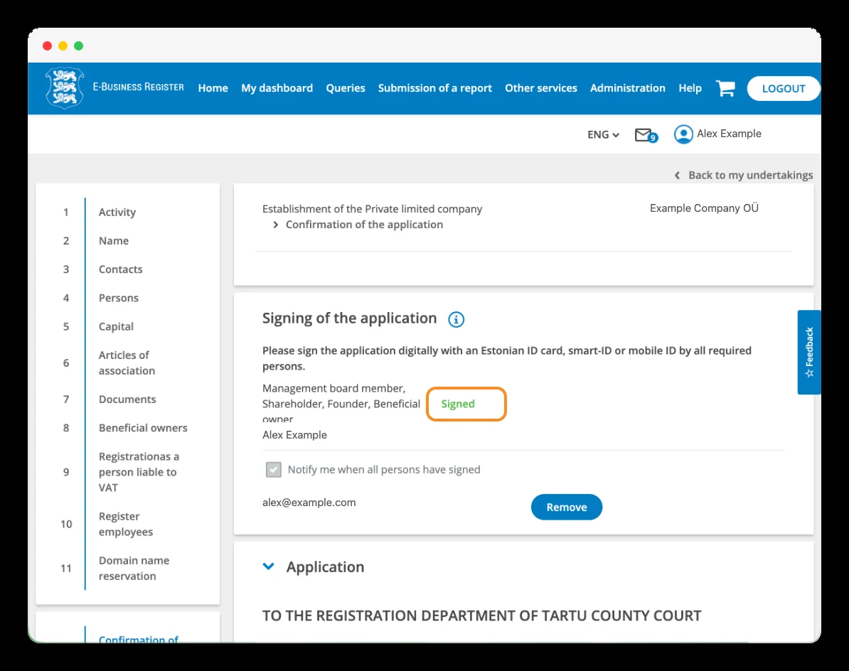 Completed digital signature status (Signed) on the application.