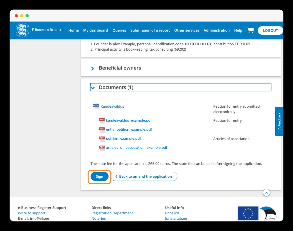 Documents generated by the portal and the sign button.