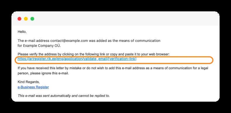 Email address verification message sent by the e-Business Register.