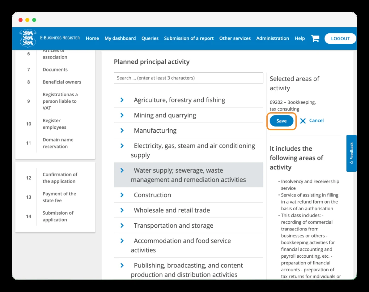 EMTAK main-activity selector in the Estonian Business Register.