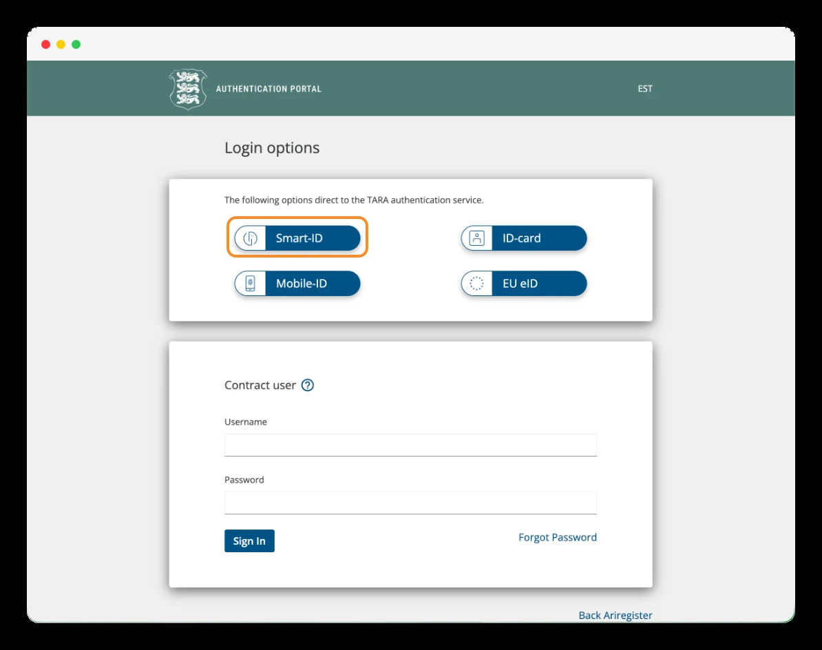 Estonian state authentication portal with the Smart-ID, ID-card and Mobile-ID options.