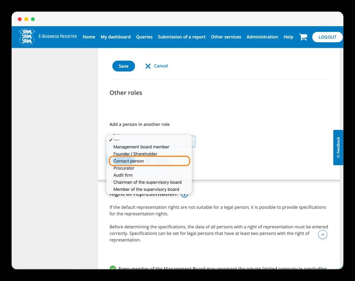 Selecting the Contact person role in the e-Business Register.